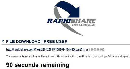 rapidshare免空，網友需等待到數完畢才可進行下載