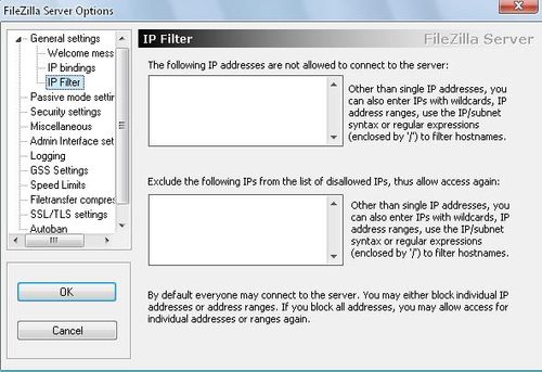 ftp軟體filezilla伺服端限制ip的設定畫面