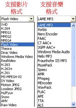 MediaCoder所支援的音樂轉檔及影片轉檔目的格式