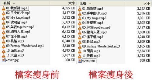 專輯MP3檔案瘦身前與瘦身後的對照