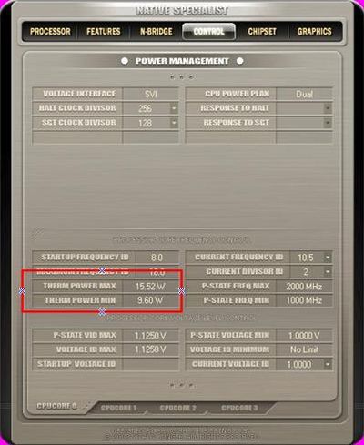 Native Specialist可以列出這顆AMD phenom 9350e的最大及最小耗電