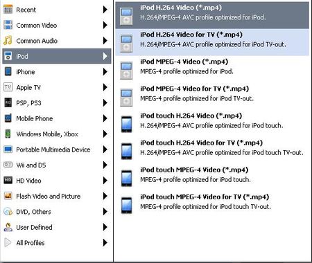 圖示化顯示支援轉檔iPod格式的各種類型